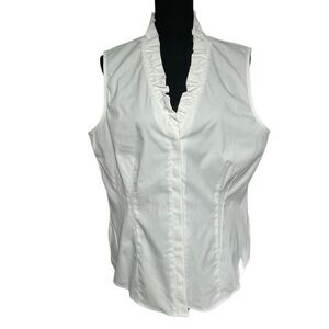 Brooks Brothers Supima Cotton White Sleeveless Ruffle Neckline Top N0523